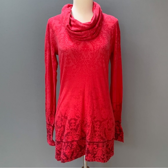 ATHLETA red cowl neck tunic length burnout top, women’s S. - Picture 5 of 8